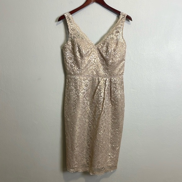 David's Bridal Dresses & Skirts - David's Bridal Short Tank Lace Dress Sz 8 Gold Cream V-Neckline Pleated Wedding